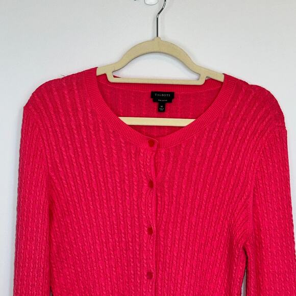 Talbots Womens Cable Knit Cardigan Size M Button Down Pink Pima Cotton Career - Picture 2 of 7